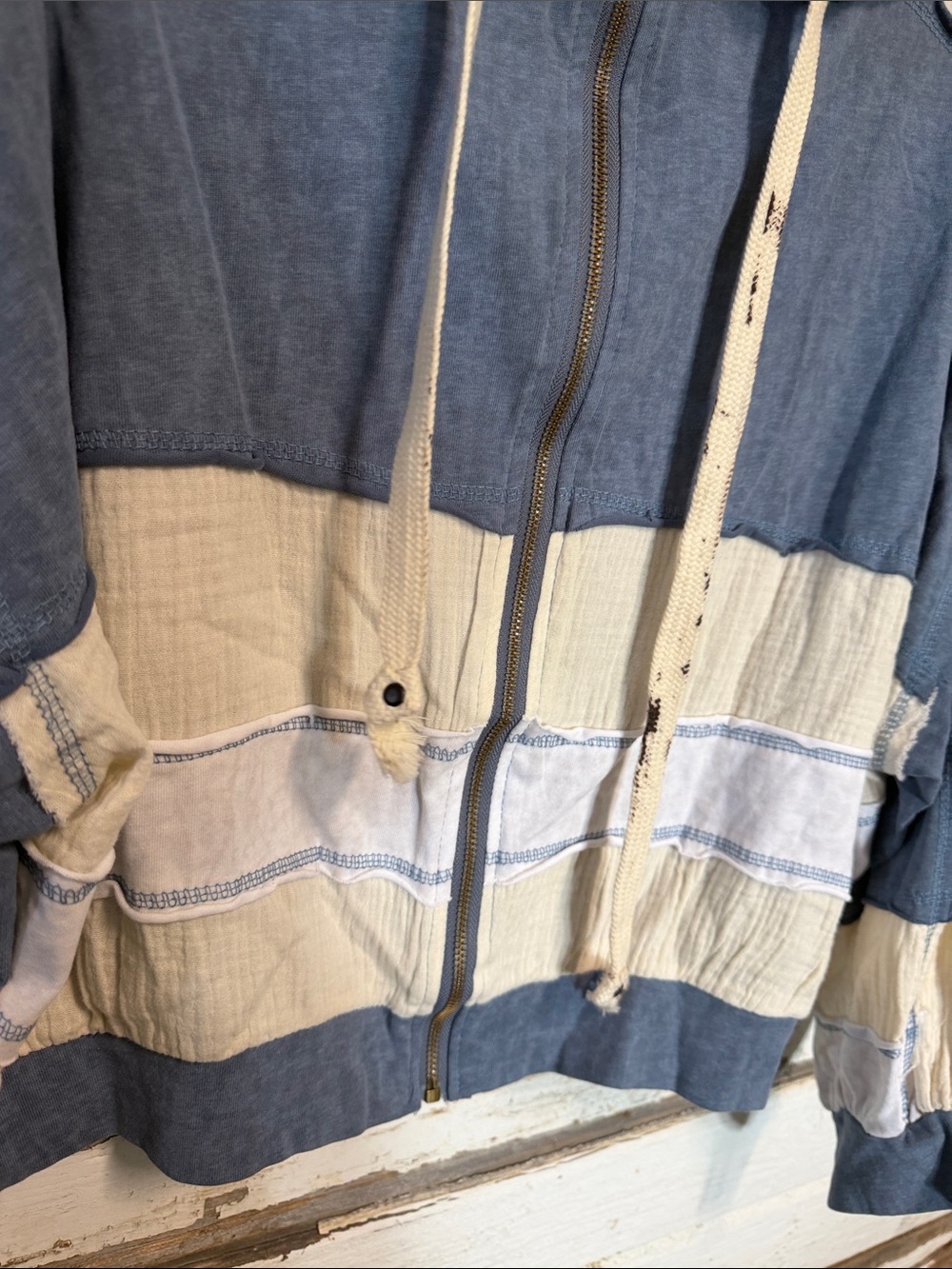 POL Blue and Cream Hooded distressed Zip Bomber Jacket - Picture 9 of 10